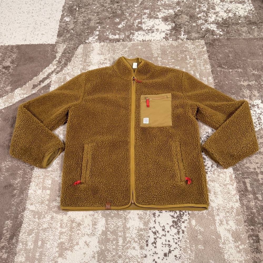TOPO DESIGNS Brown Tan Reversible Sherpa Jacket Deep Pile Fleece Mens Large Coat
